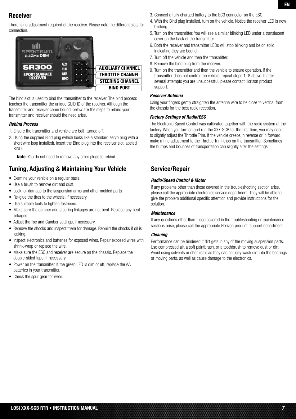 Receiver, Tuning, adjusting & maintaining your vehicle, Service/repair | Losi LOSB0112 User Manual | Page 7 / 56