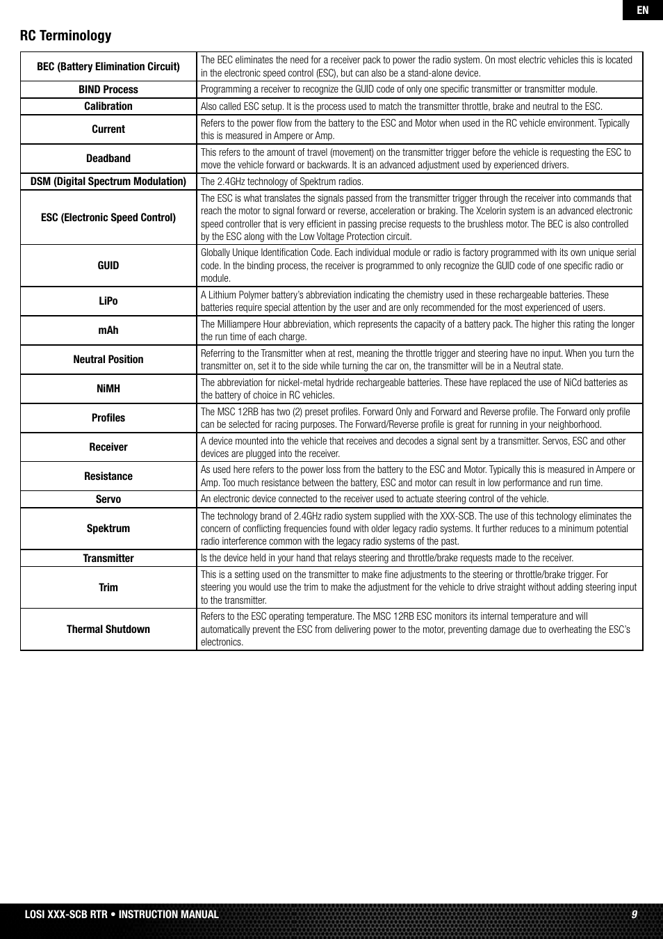 Rc terminology | Losi LOSB0112 User Manual | Page 9 / 56