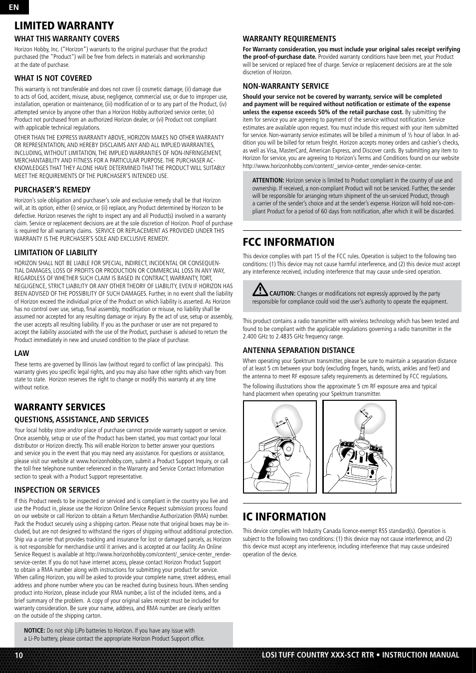 Limited warranty, Fcc information, Ic information | Warranty services | Losi LOSB0115 User Manual | Page 10 / 11