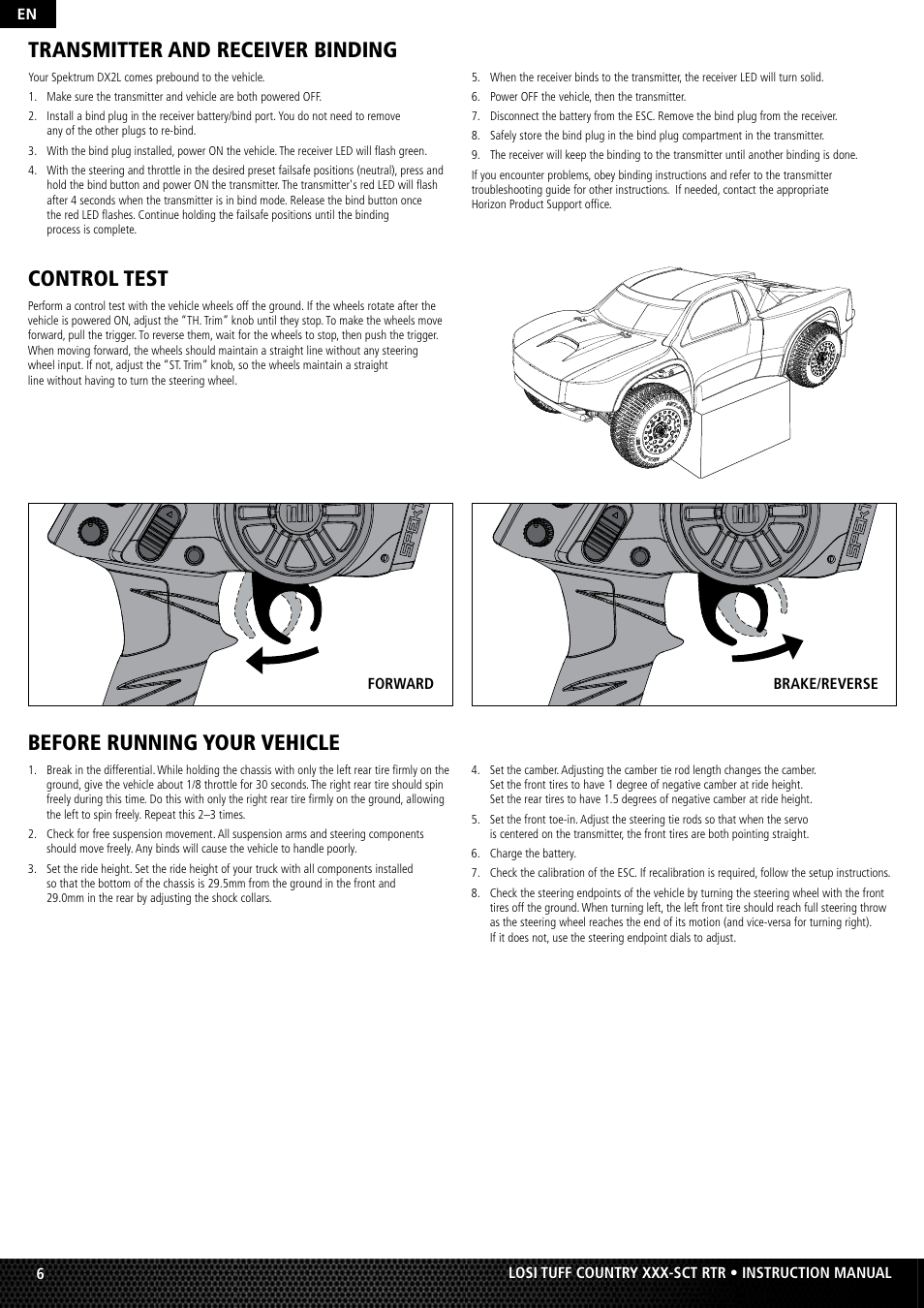 Control test, Before running your vehicle, Transmitter and receiver binding | Losi LOSB0115 User Manual | Page 6 / 11