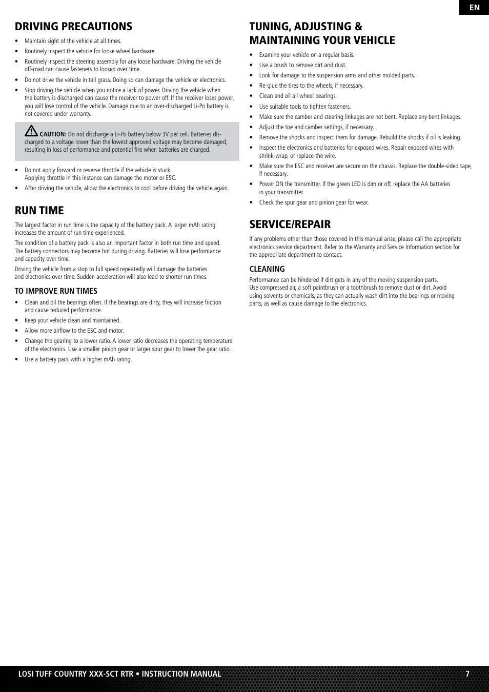 Driving precautions, Run time, Tuning, adjusting & maintaining your vehicle | Service/repair | Losi LOSB0115 User Manual | Page 7 / 11