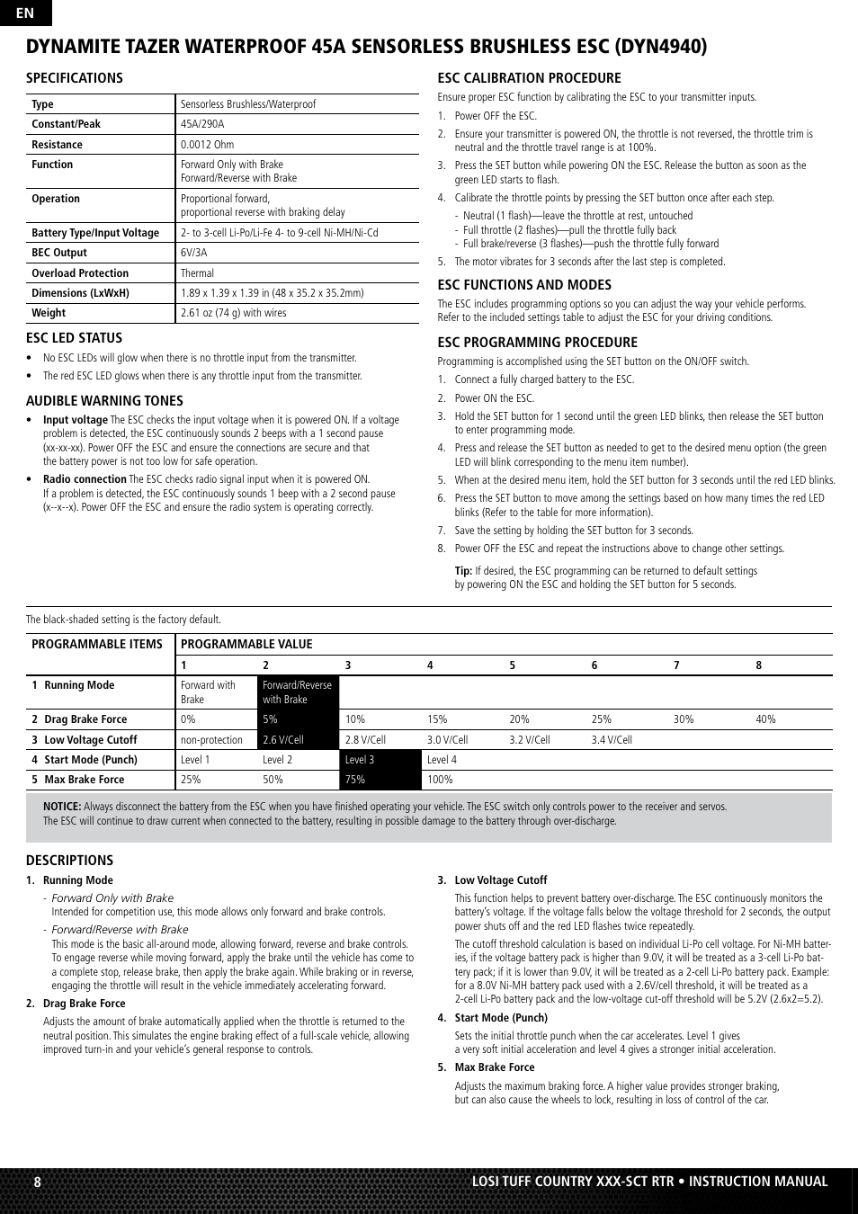En 8 specifications, Esc led status, Audible warning tones | Esc functions and modes, Esc programming procedure, Esc calibration procedure, Descriptions | Losi LOSB0115 User Manual | Page 8 / 11
