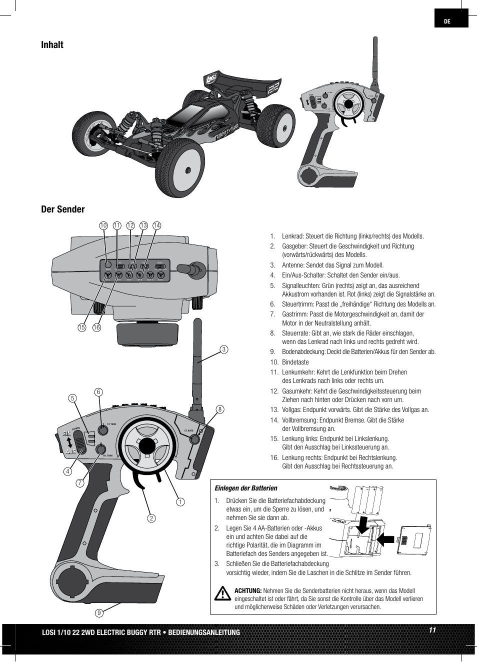 Der sender, Inhalt, Einlegen der batterien | Losi LOSB0122 User Manual | Page 11 / 44