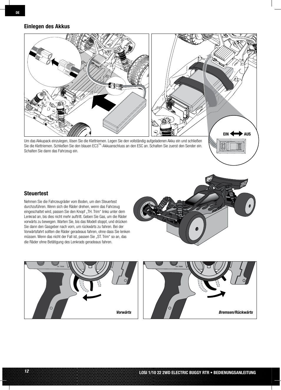 Steuertest, Einlegen des akkus | Losi LOSB0122 User Manual | Page 12 / 44