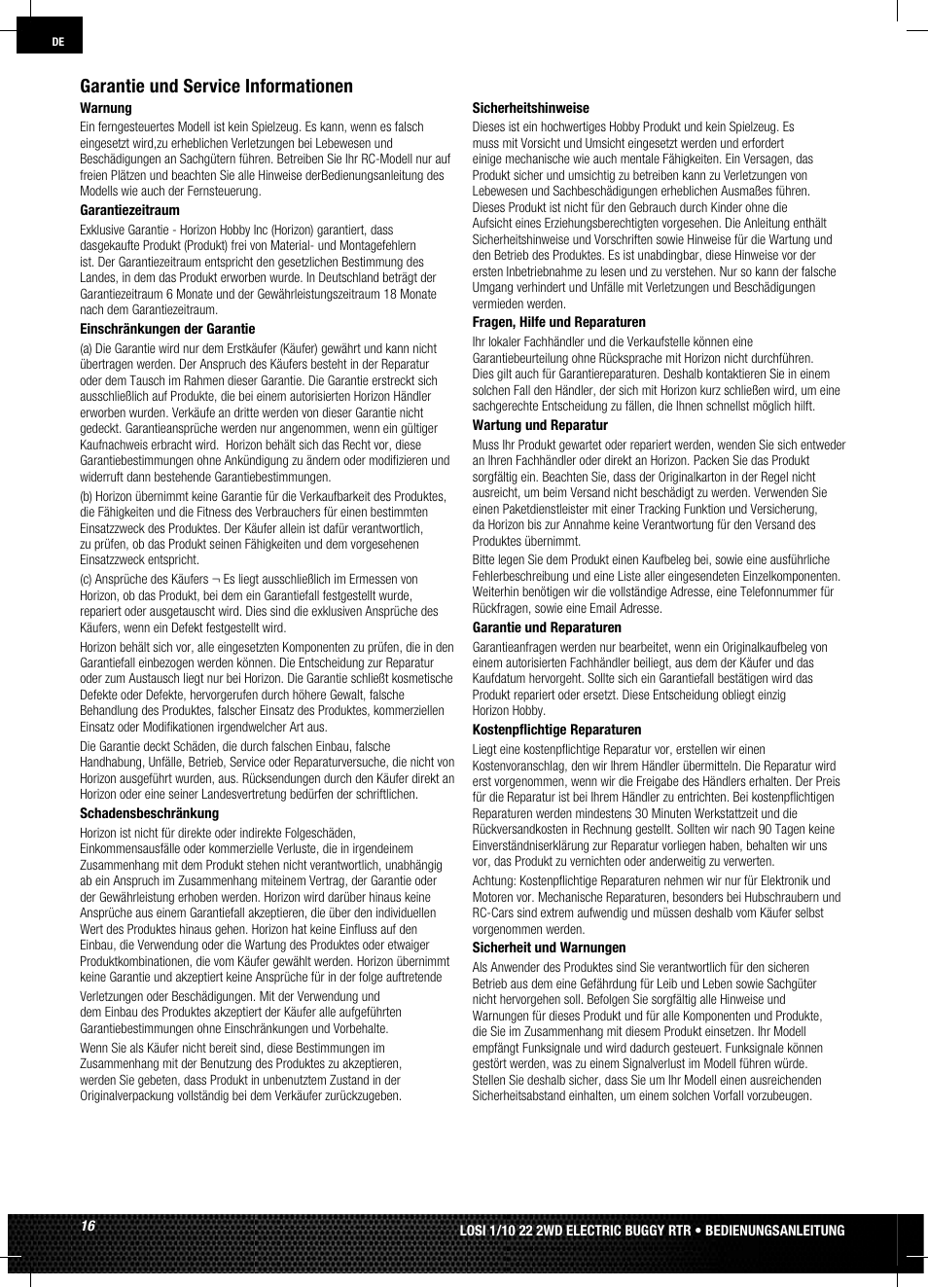 Garantie und service informationen | Losi LOSB0122 User Manual | Page 16 / 44
