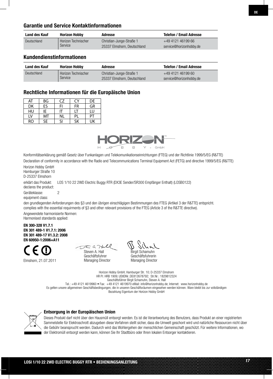 Kundendienstinformationen | Losi LOSB0122 User Manual | Page 17 / 44