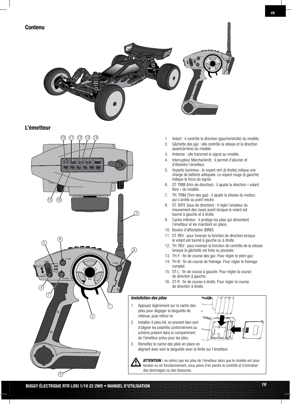 L’émetteur, Contenu | Losi LOSB0122 User Manual | Page 19 / 44