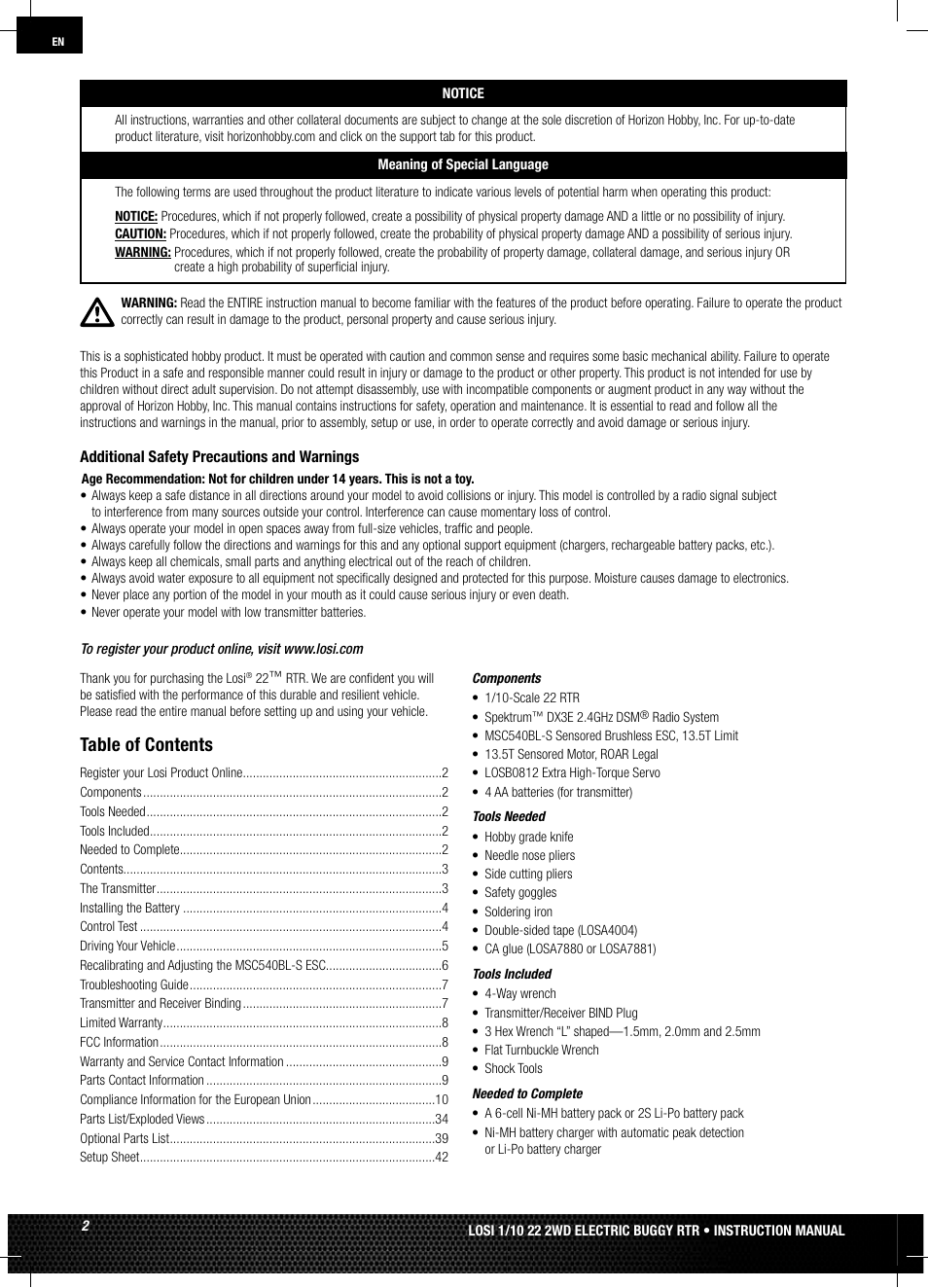 Losi LOSB0122 User Manual | Page 2 / 44