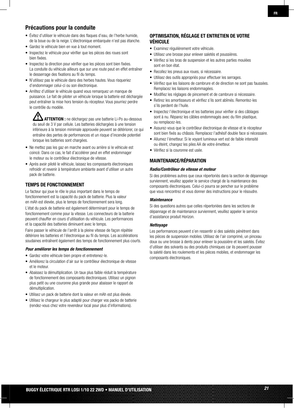 Précautions pour la conduite | Losi LOSB0122 User Manual | Page 21 / 44