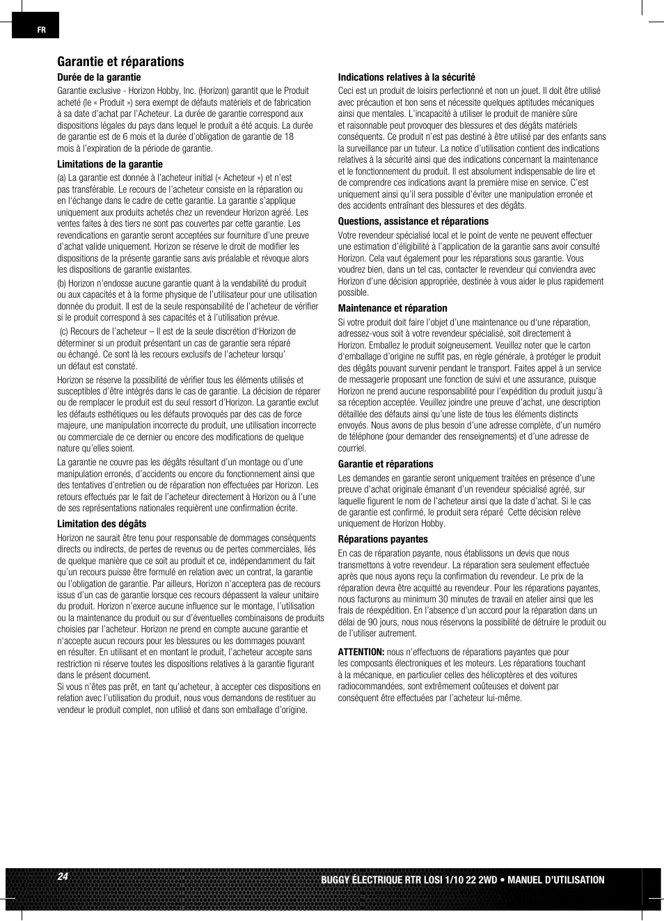 Garantie et réparations | Losi LOSB0122 User Manual | Page 24 / 44