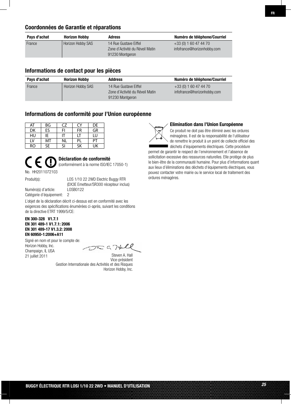 Informations de contact pour les pièces | Losi LOSB0122 User Manual | Page 25 / 44