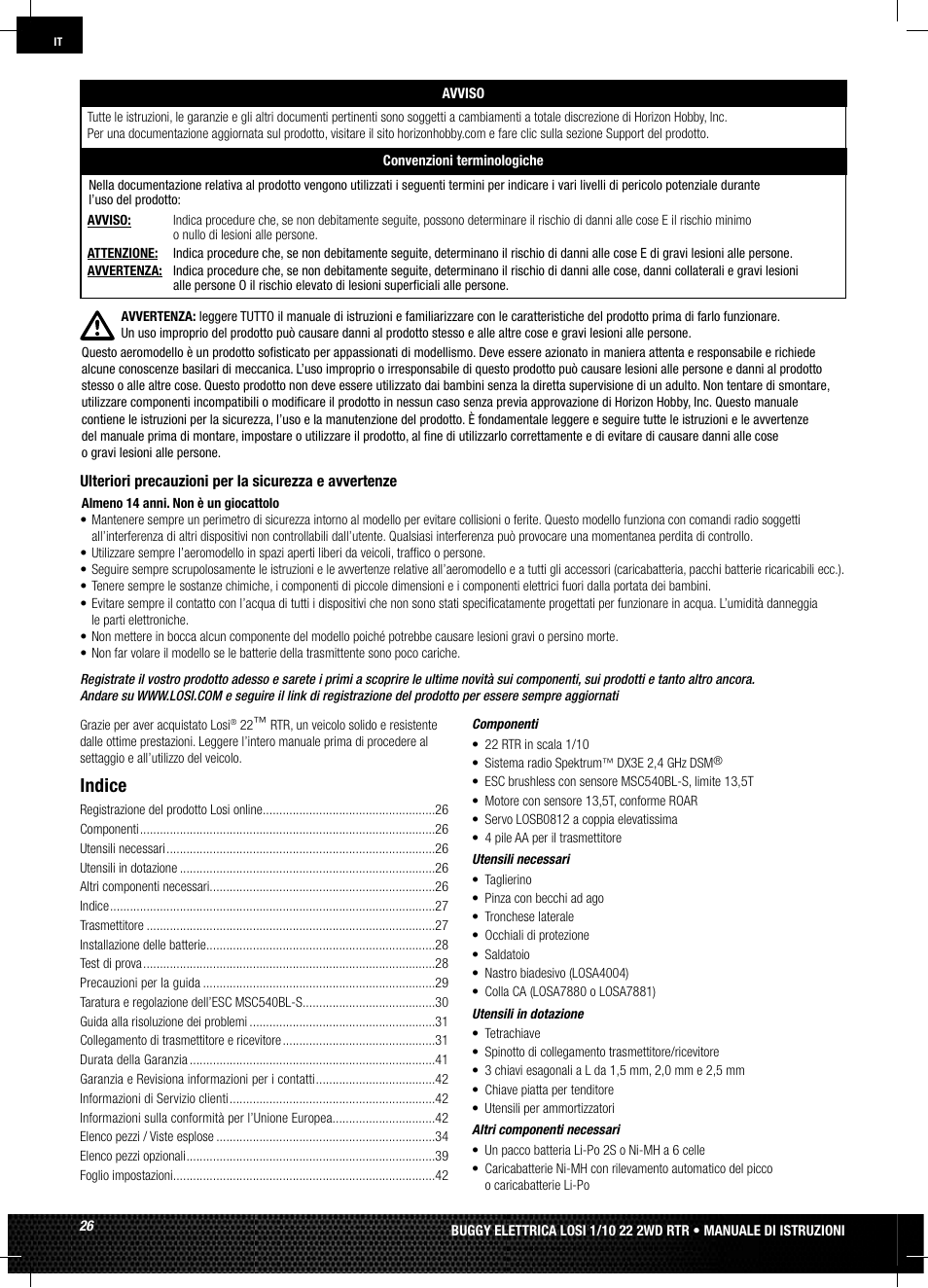 Indice | Losi LOSB0122 User Manual | Page 26 / 44