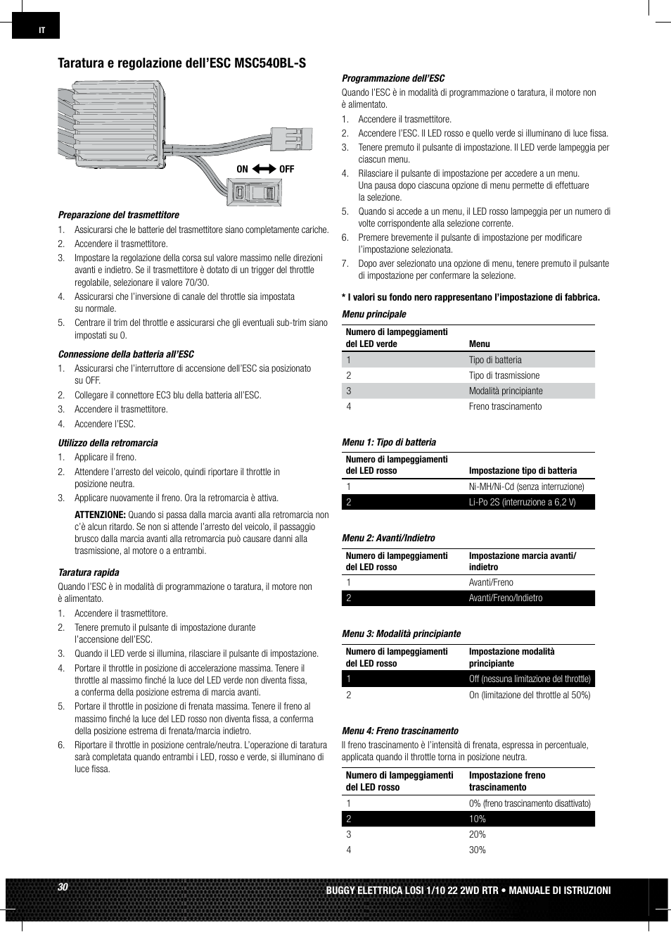 Taratura e regolazione dell’esc msc540bl-s | Losi LOSB0122 User Manual | Page 30 / 44