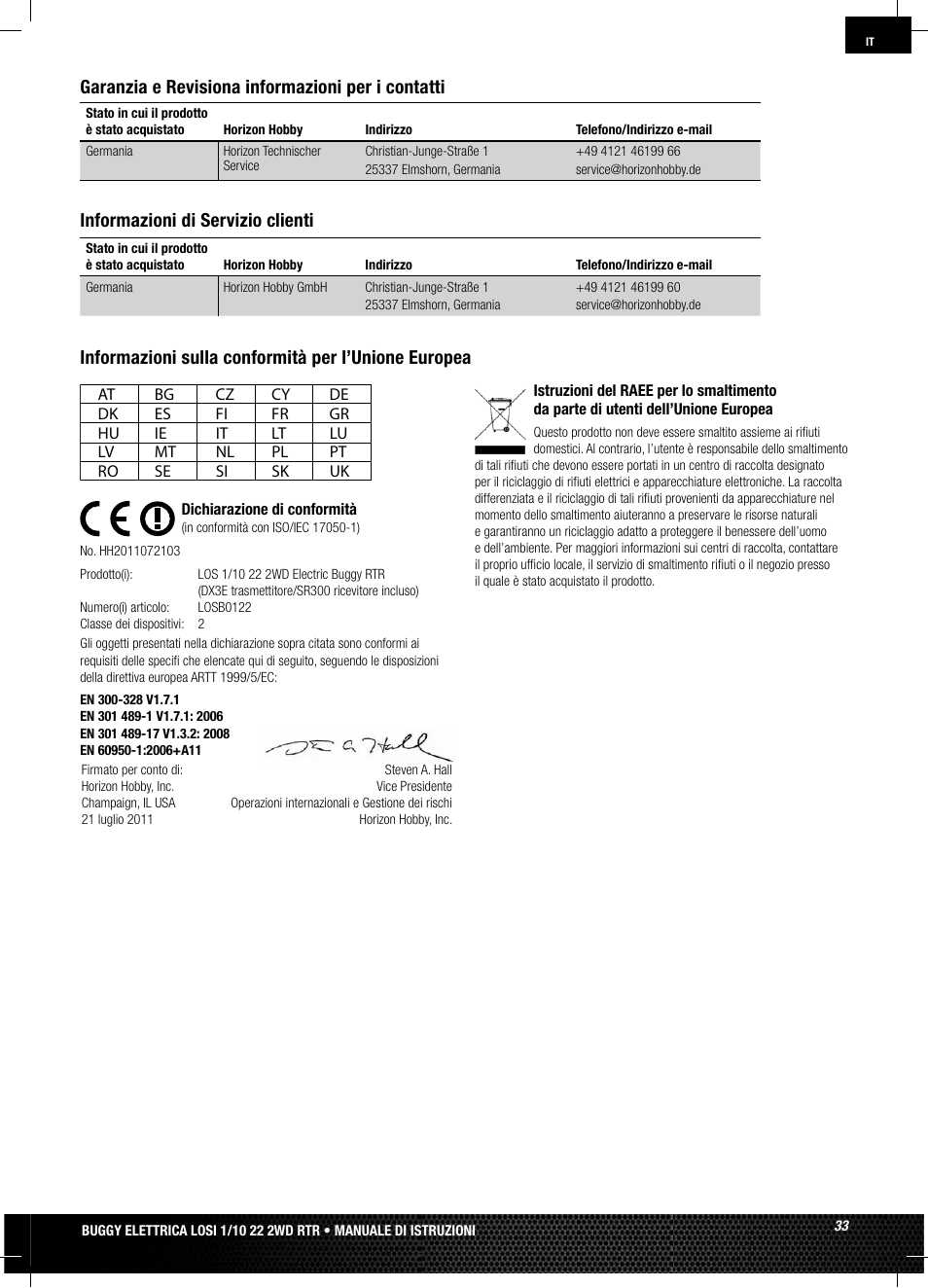Informazioni di servizio clienti | Losi LOSB0122 User Manual | Page 33 / 44