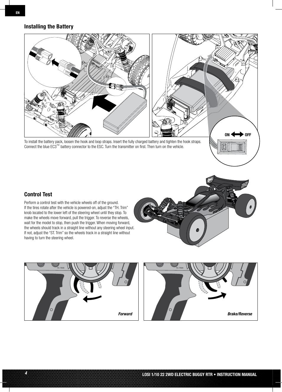 Control test, Installing the battery | Losi LOSB0122 User Manual | Page 4 / 44