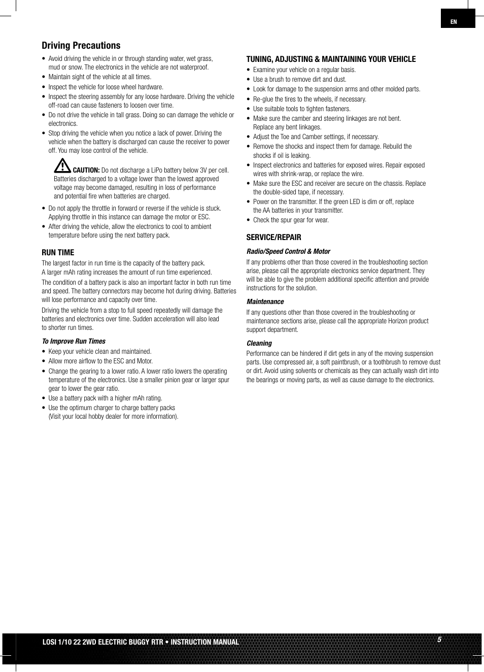 Driving precautions | Losi LOSB0122 User Manual | Page 5 / 44
