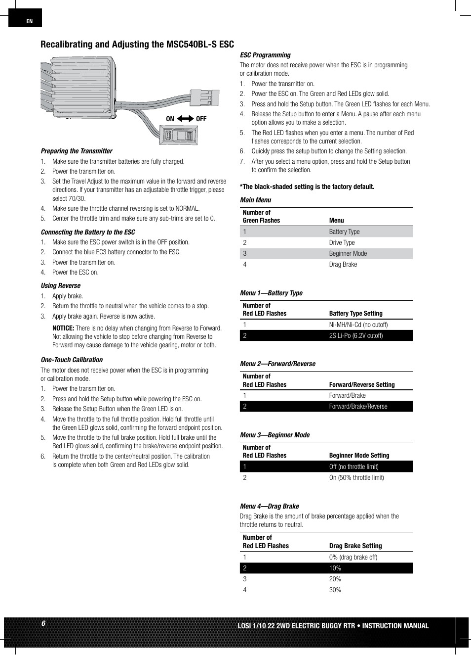 Recalibrating and adjusting the msc540bl-s esc | Losi LOSB0122 User Manual | Page 6 / 44