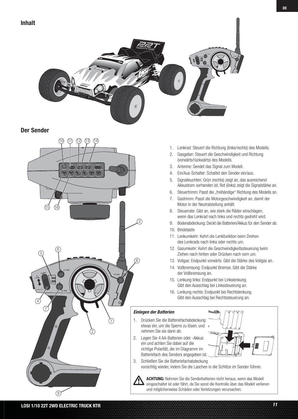 Der sender, Inhalt | Losi LOSB0123 User Manual | Page 11 / 44