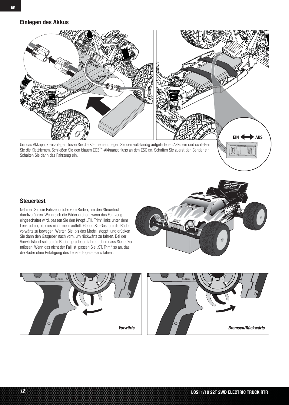 Steuertest, Einlegen des akkus | Losi LOSB0123 User Manual | Page 12 / 44