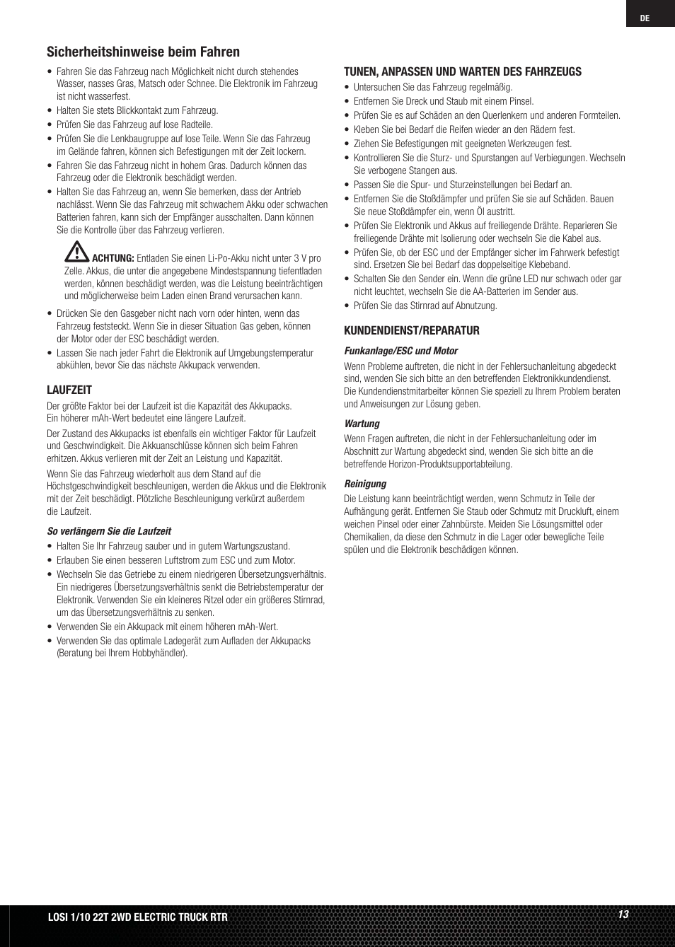 Sicherheitshinweise beim fahren | Losi LOSB0123 User Manual | Page 13 / 44