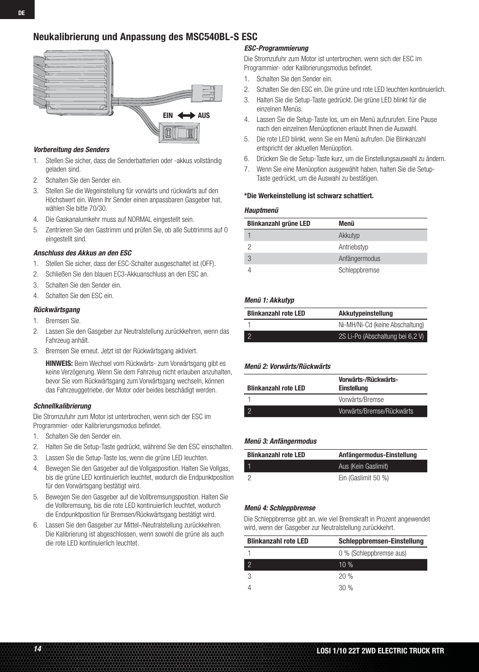 Neukalibrierung und anpassung des msc540bl-s esc | Losi LOSB0123 User Manual | Page 14 / 44