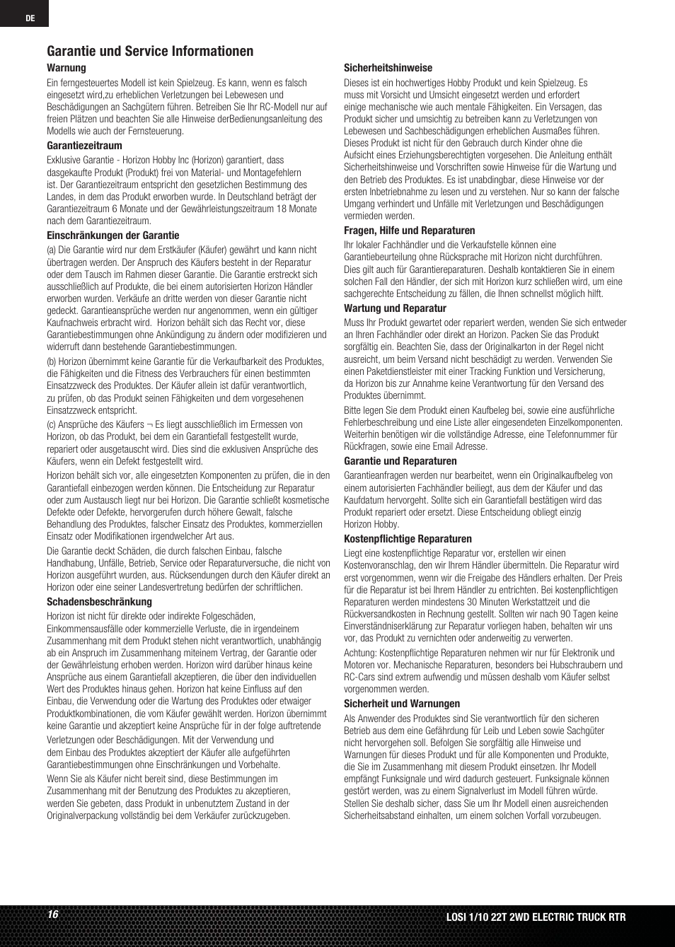 Garantie und service informationen | Losi LOSB0123 User Manual | Page 16 / 44