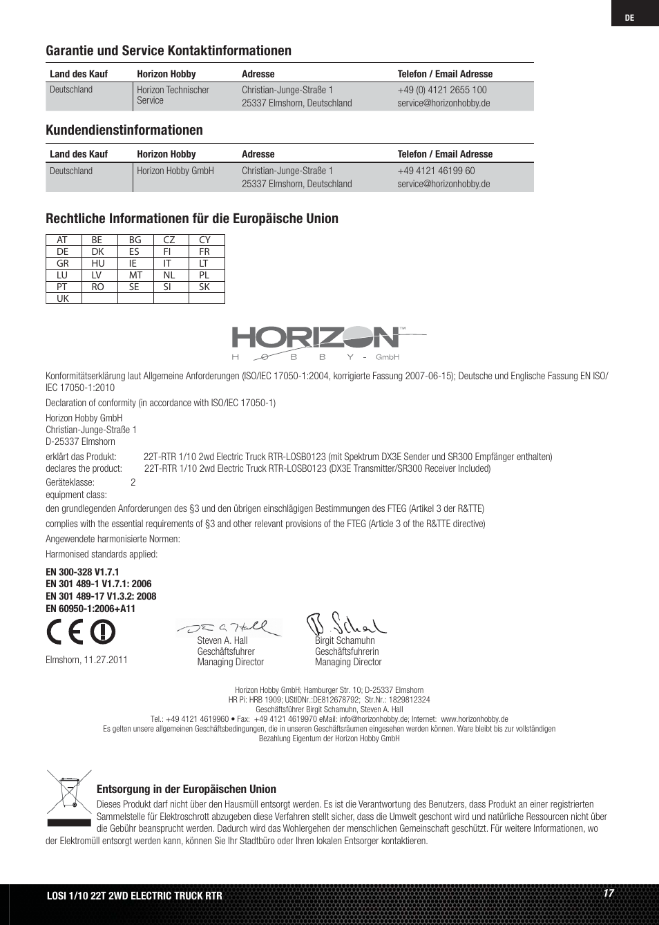 Kundendienstinformationen | Losi LOSB0123 User Manual | Page 17 / 44