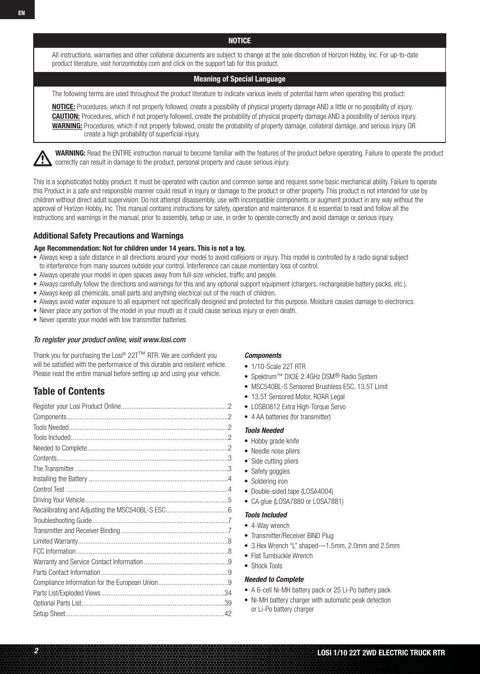 Losi LOSB0123 User Manual | Page 2 / 44