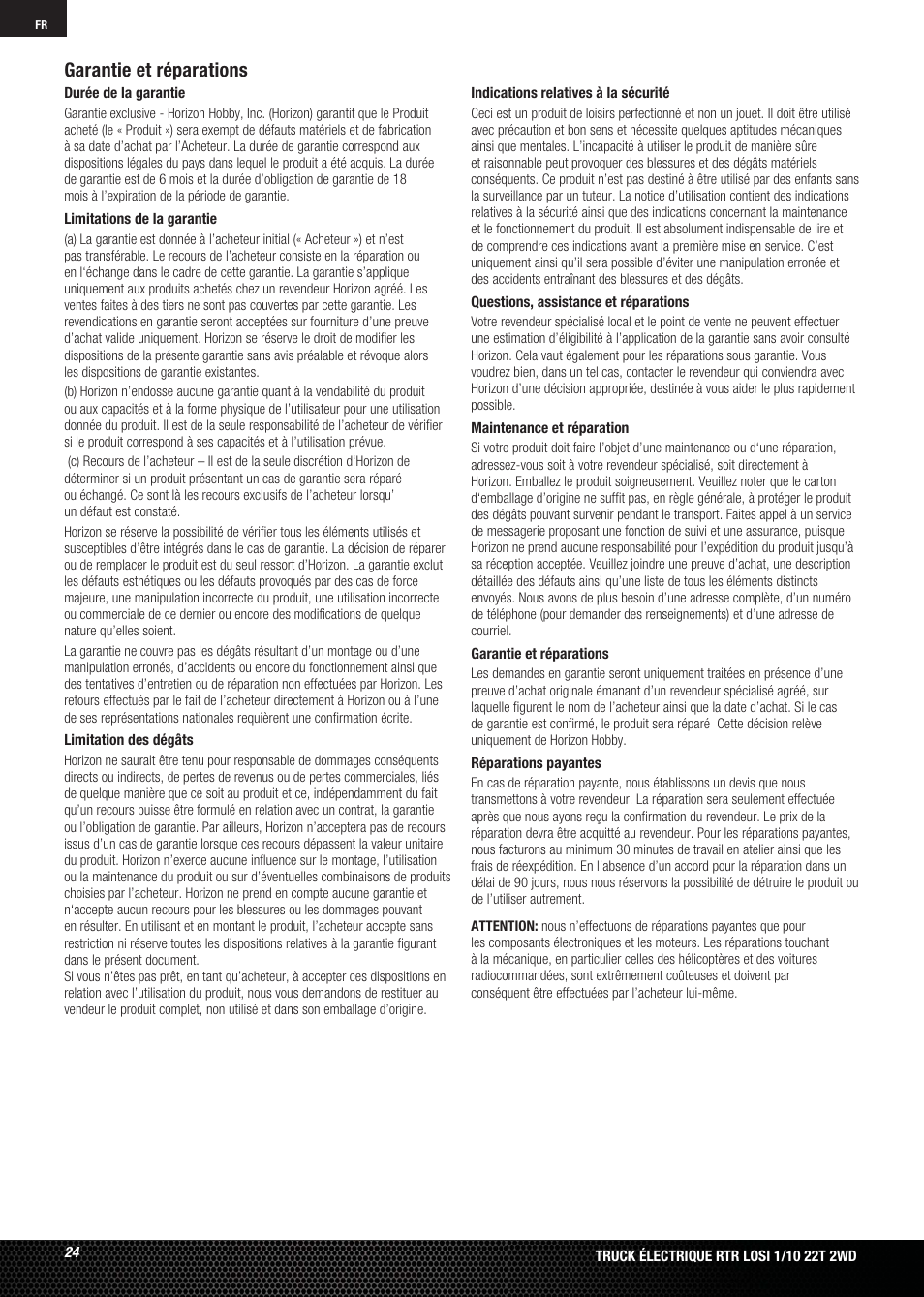 Garantie et réparations | Losi LOSB0123 User Manual | Page 24 / 44