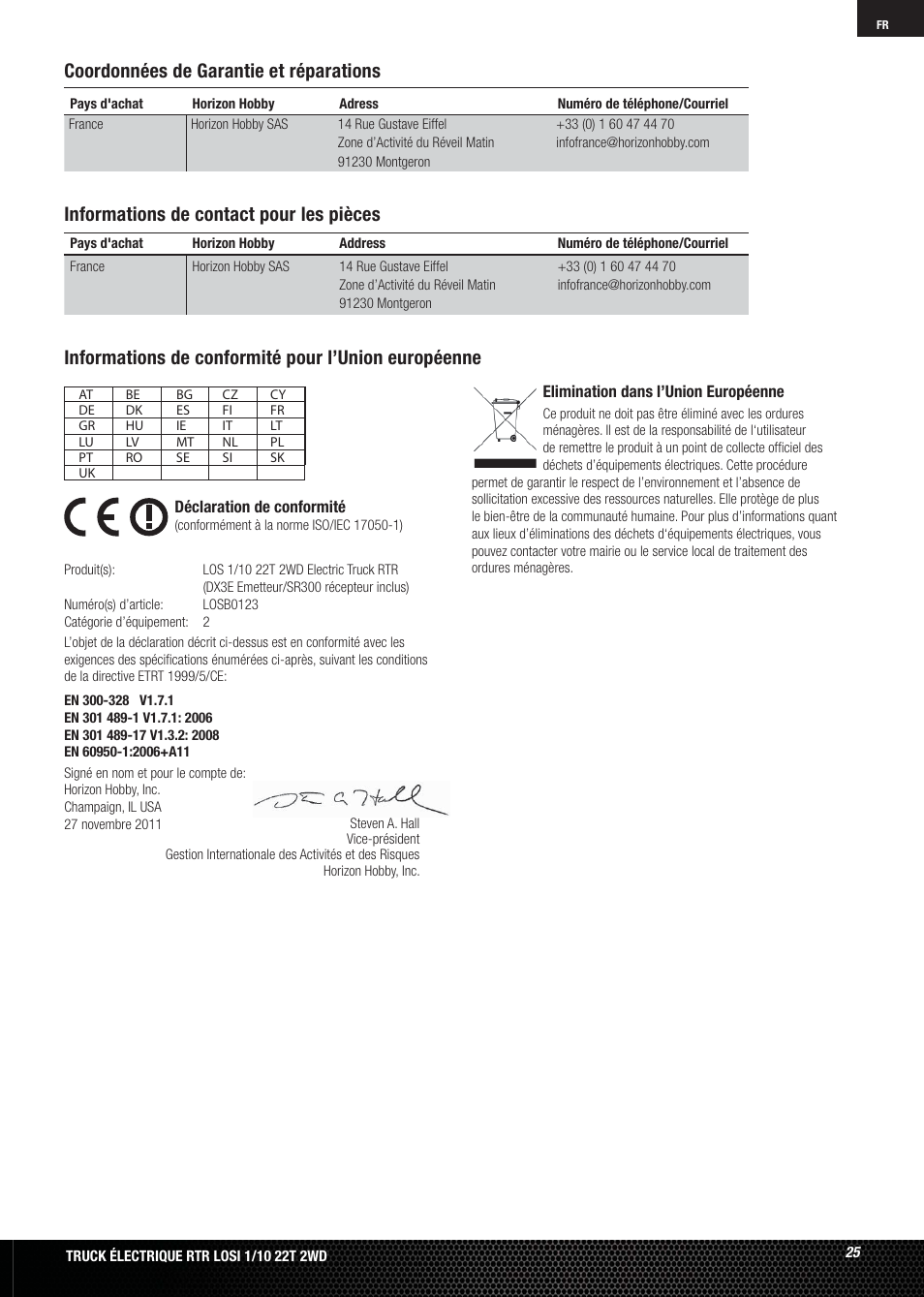 Informations de contact pour les pièces | Losi LOSB0123 User Manual | Page 25 / 44