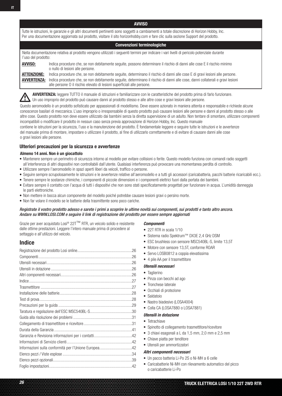 Indice | Losi LOSB0123 User Manual | Page 26 / 44