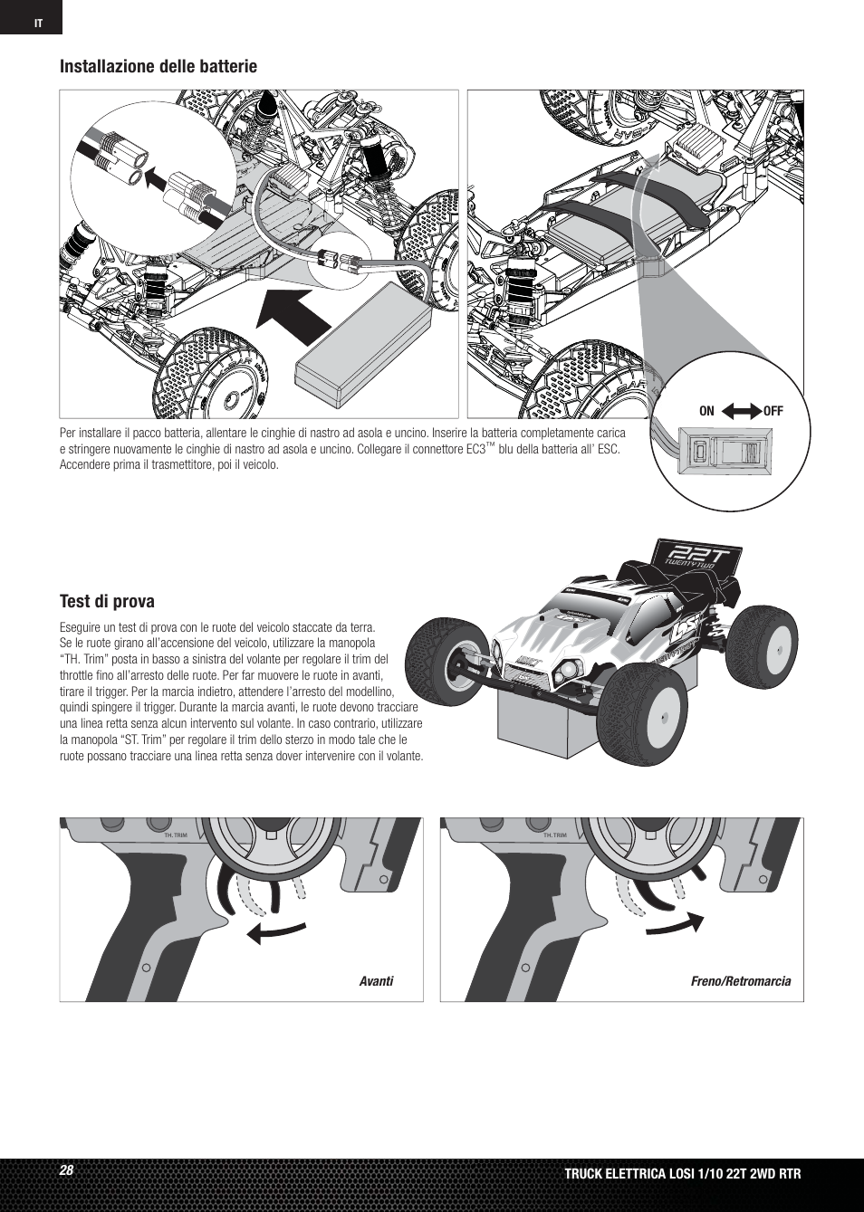 Test di prova, Installazione delle batterie | Losi LOSB0123 User Manual | Page 28 / 44