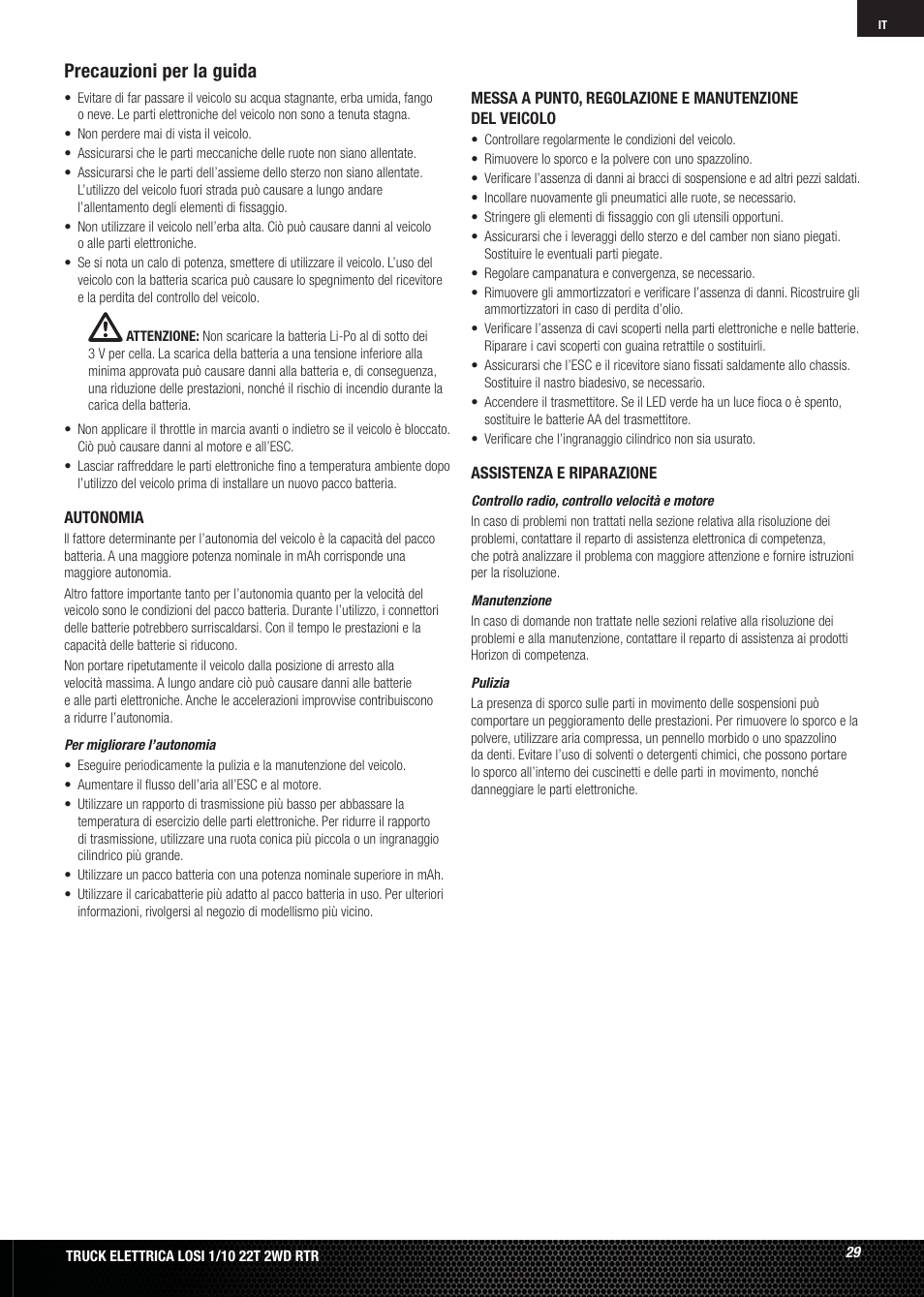 Precauzioni per la guida | Losi LOSB0123 User Manual | Page 29 / 44