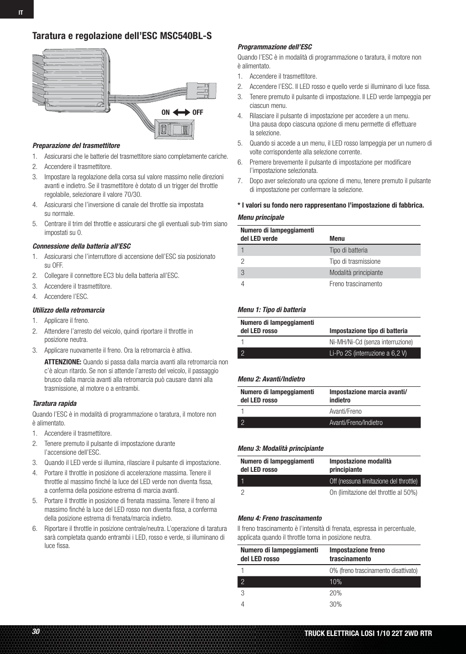 Taratura e regolazione dell’esc msc540bl-s | Losi LOSB0123 User Manual | Page 30 / 44