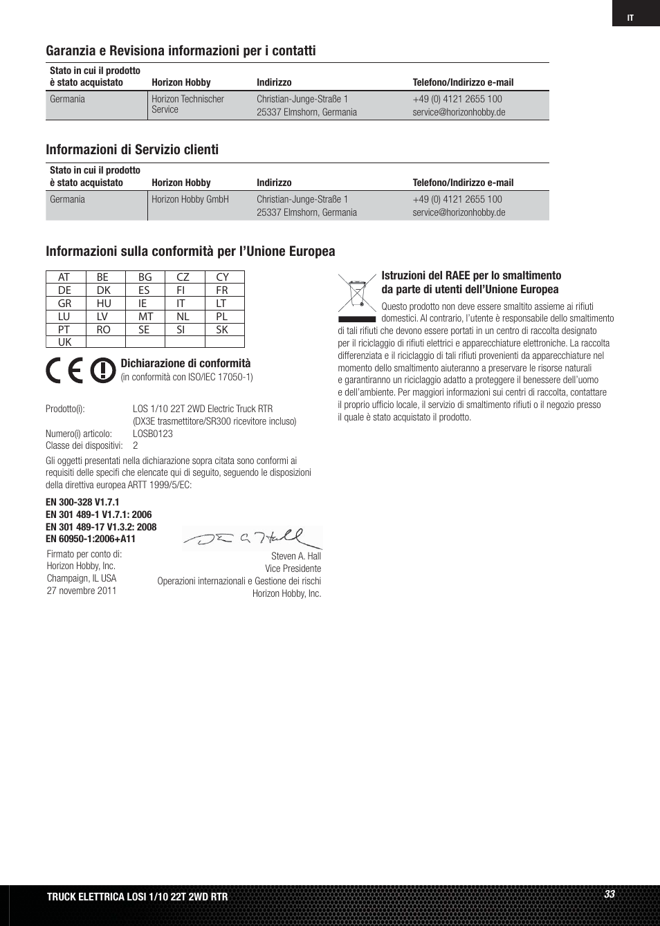 Informazioni di servizio clienti | Losi LOSB0123 User Manual | Page 33 / 44