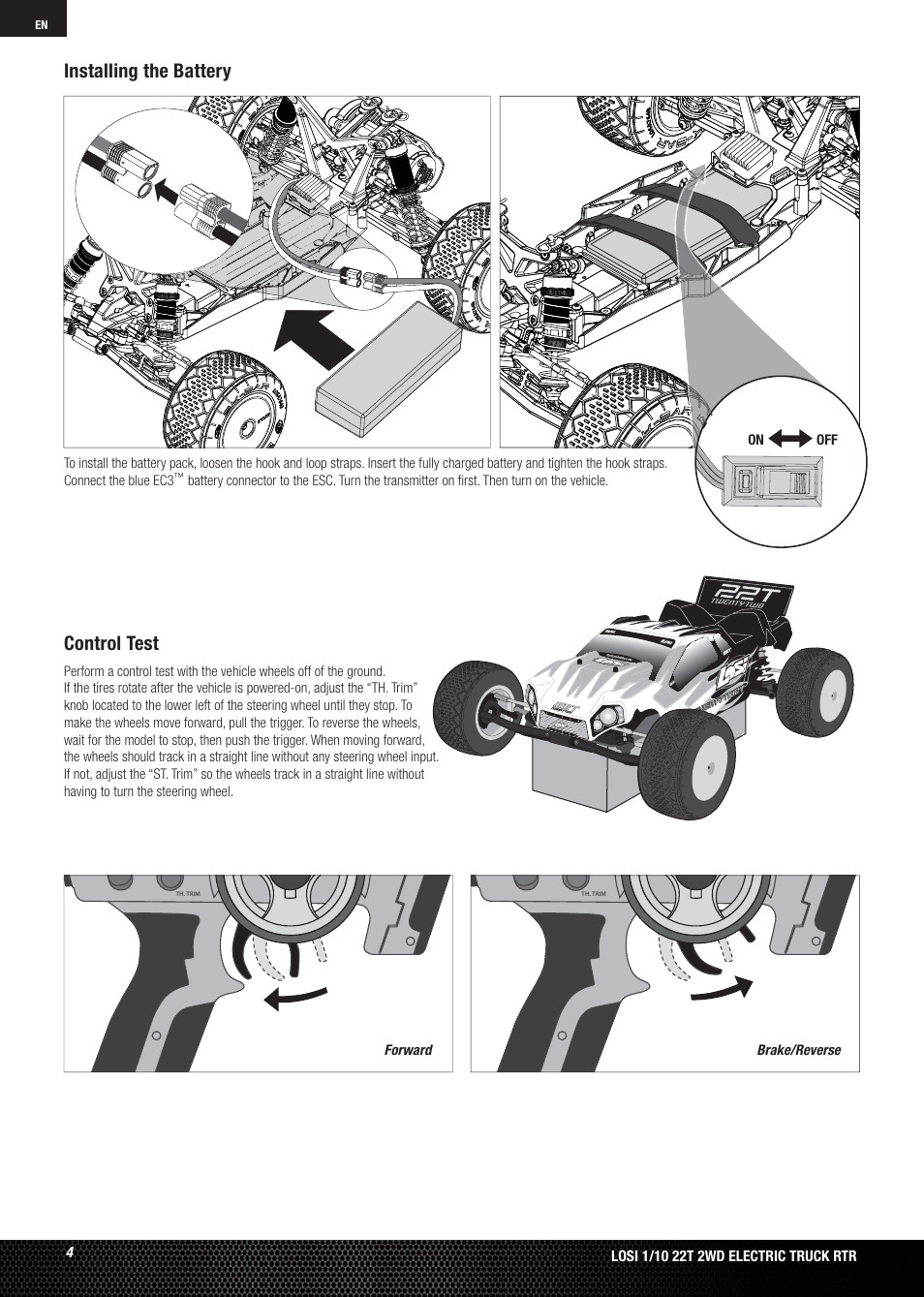 Control test, Installing the battery | Losi LOSB0123 User Manual | Page 4 / 44