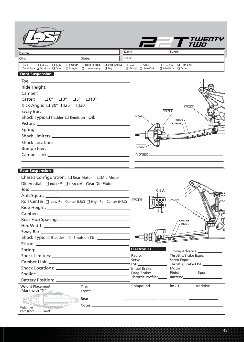 Chassis conﬁguration, Toe: anti-squat: roll center, Shock type | Losi LOSB0123 User Manual | Page 43 / 44