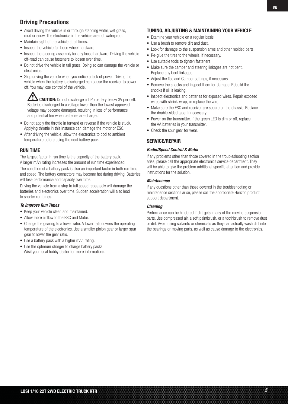 Driving precautions | Losi LOSB0123 User Manual | Page 5 / 44