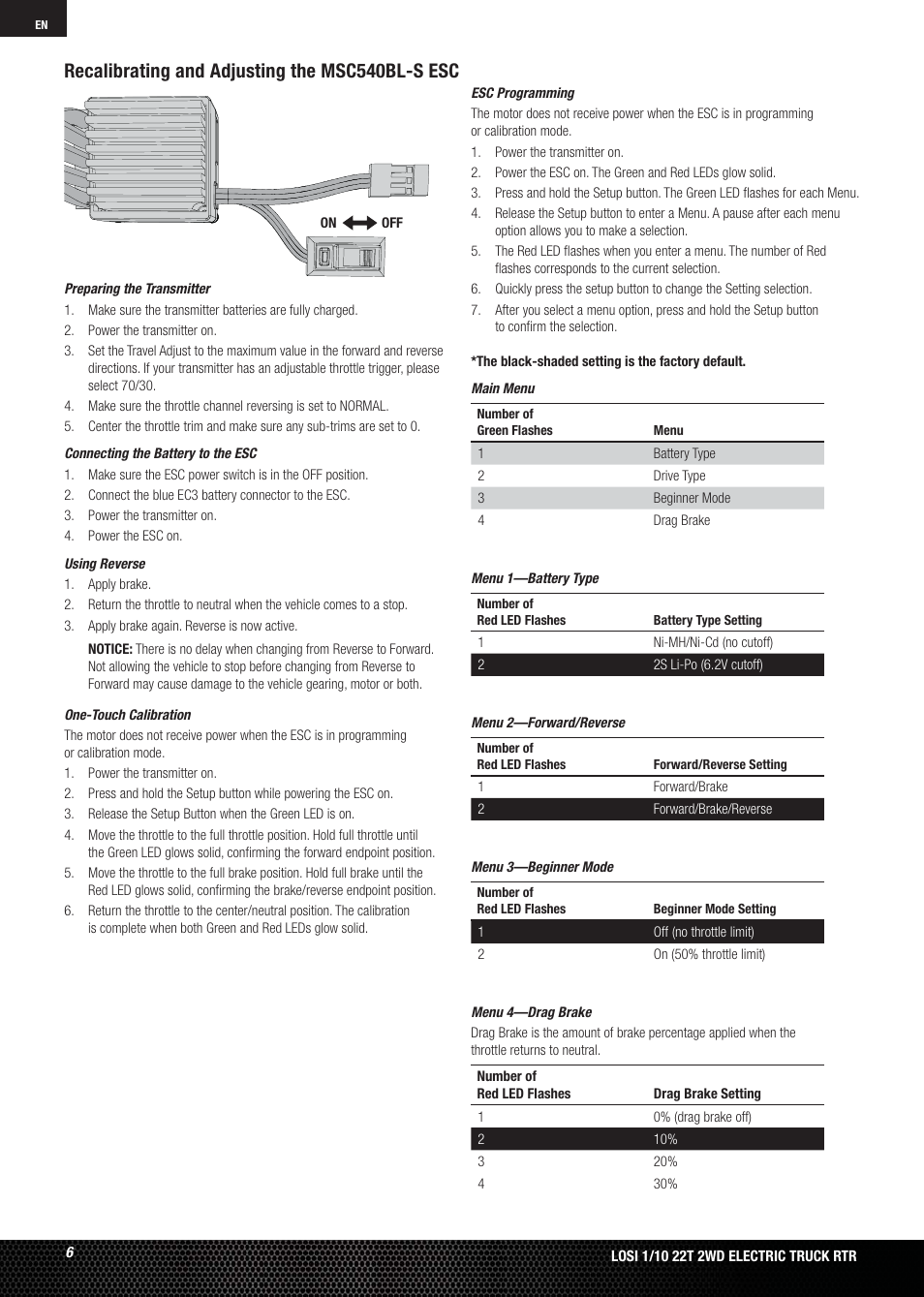 Recalibrating and adjusting the msc540bl-s esc | Losi LOSB0123 User Manual | Page 6 / 44