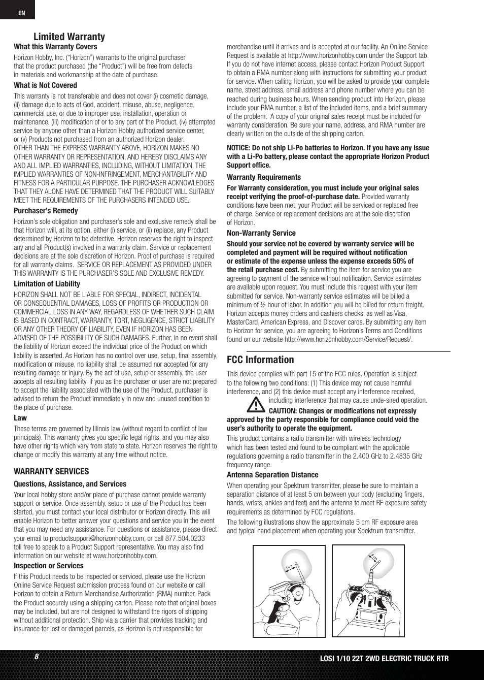 Fcc information, Limited warranty | Losi LOSB0123 User Manual | Page 8 / 44