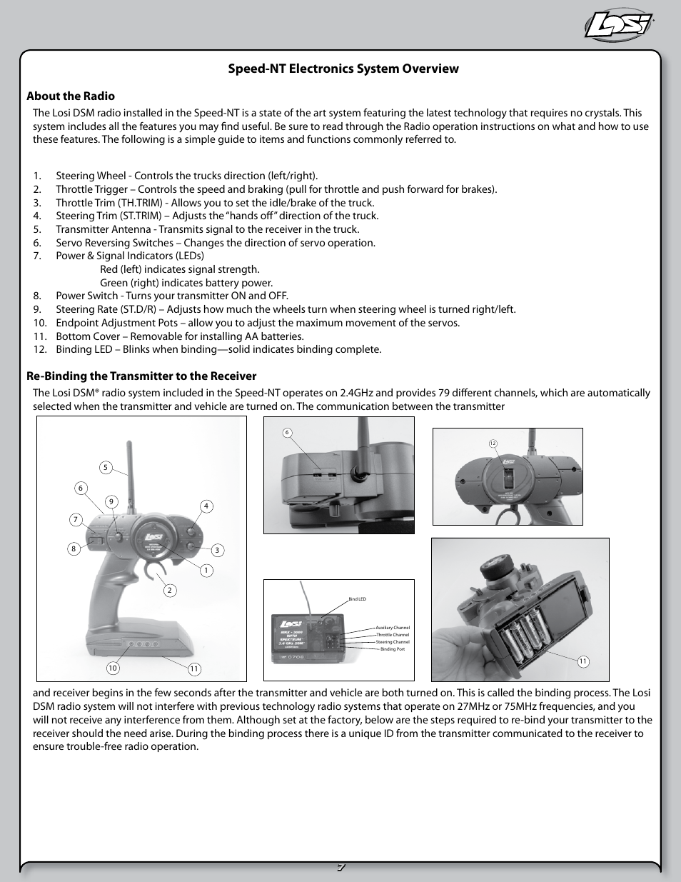 Speed-nt electronics system overview, About the radio, Re-binding the transmitter to the receiver | Losi LOSB0125 User Manual | Page 7 / 24