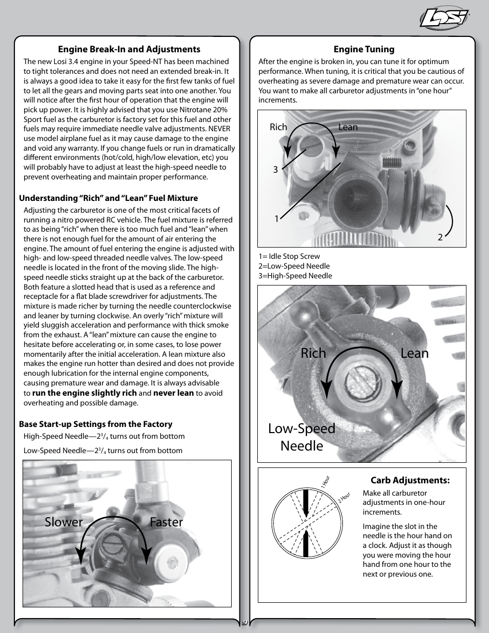 Rich lean low-speed needle, Slower faster | Losi LOSB0125 User Manual | Page 9 / 24