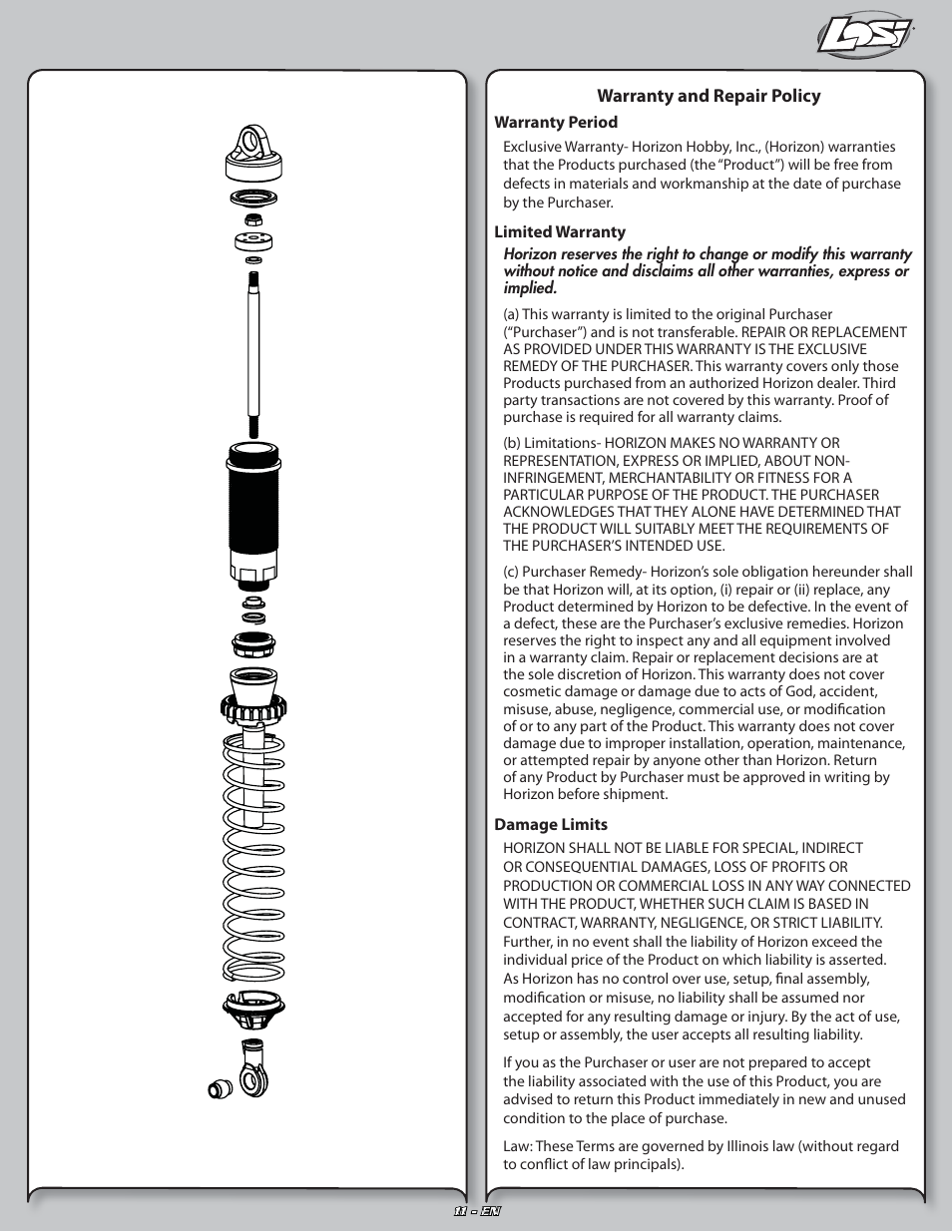 Warranty and repair policy | Losi LOSB0127 User Manual | Page 11 / 21