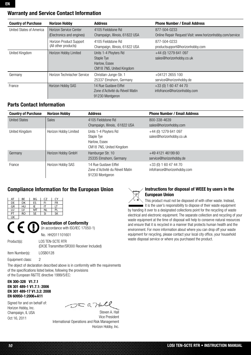 Compliance information for the european union, Warranty and service contact information, Parts contact information | Losi LOSB0128 User Manual | Page 10 / 52