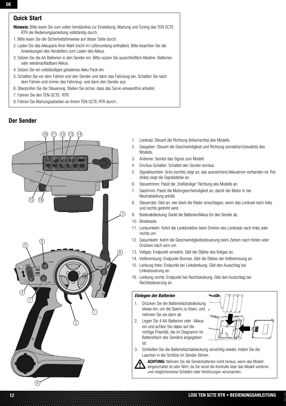 Der sender, Quick start, Losi ten scte rtr • bedienungsanleitung 12 de | Losi LOSB0128 User Manual | Page 12 / 52