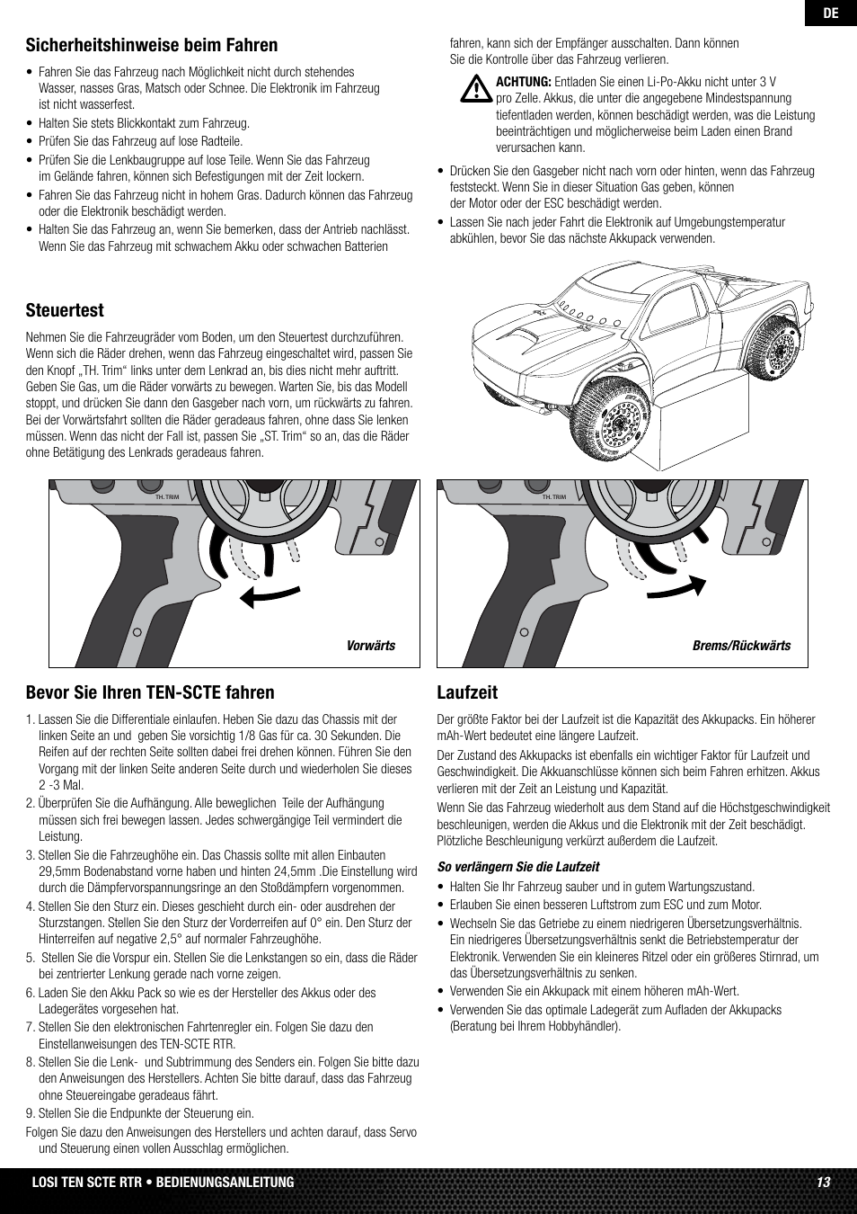 Sicherheitshinweise beim fahren, Steuertest, Bevor sie ihren ten-scte fahren | Laufzeit | Losi LOSB0128 User Manual | Page 13 / 52