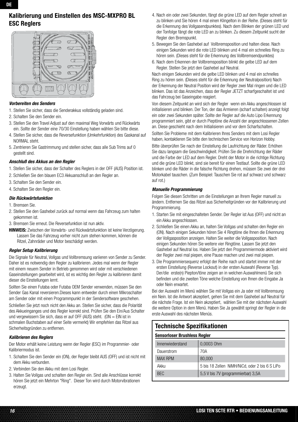 Technische spezifikationen | Losi LOSB0128 User Manual | Page 16 / 52