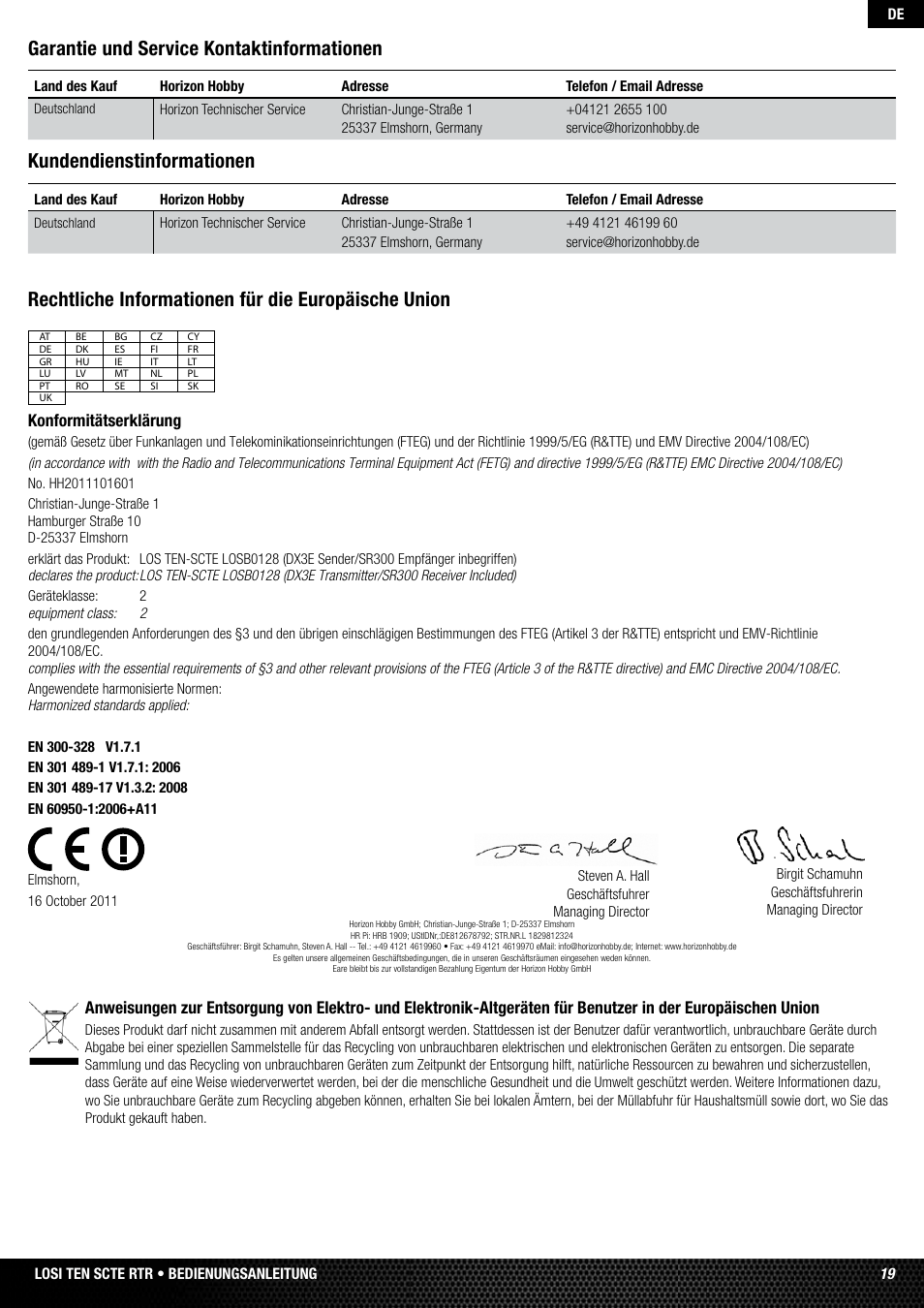 Rechtliche informationen für die europäische union, Garantie und service kontaktinformationen, Kundendienstinformationen | Konformitätserklärung | Losi LOSB0128 User Manual | Page 19 / 52