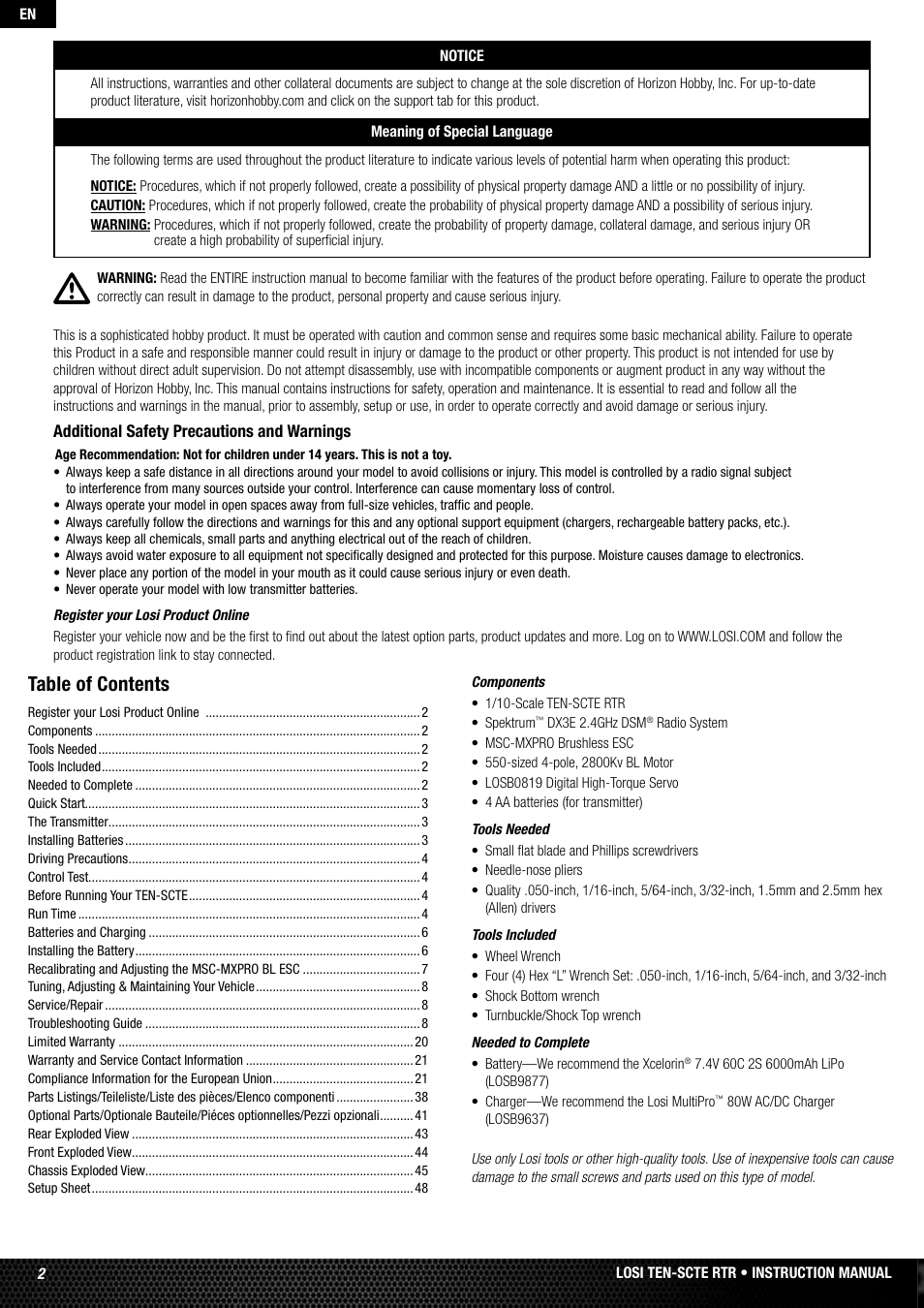 Losi LOSB0128 User Manual | Page 2 / 52