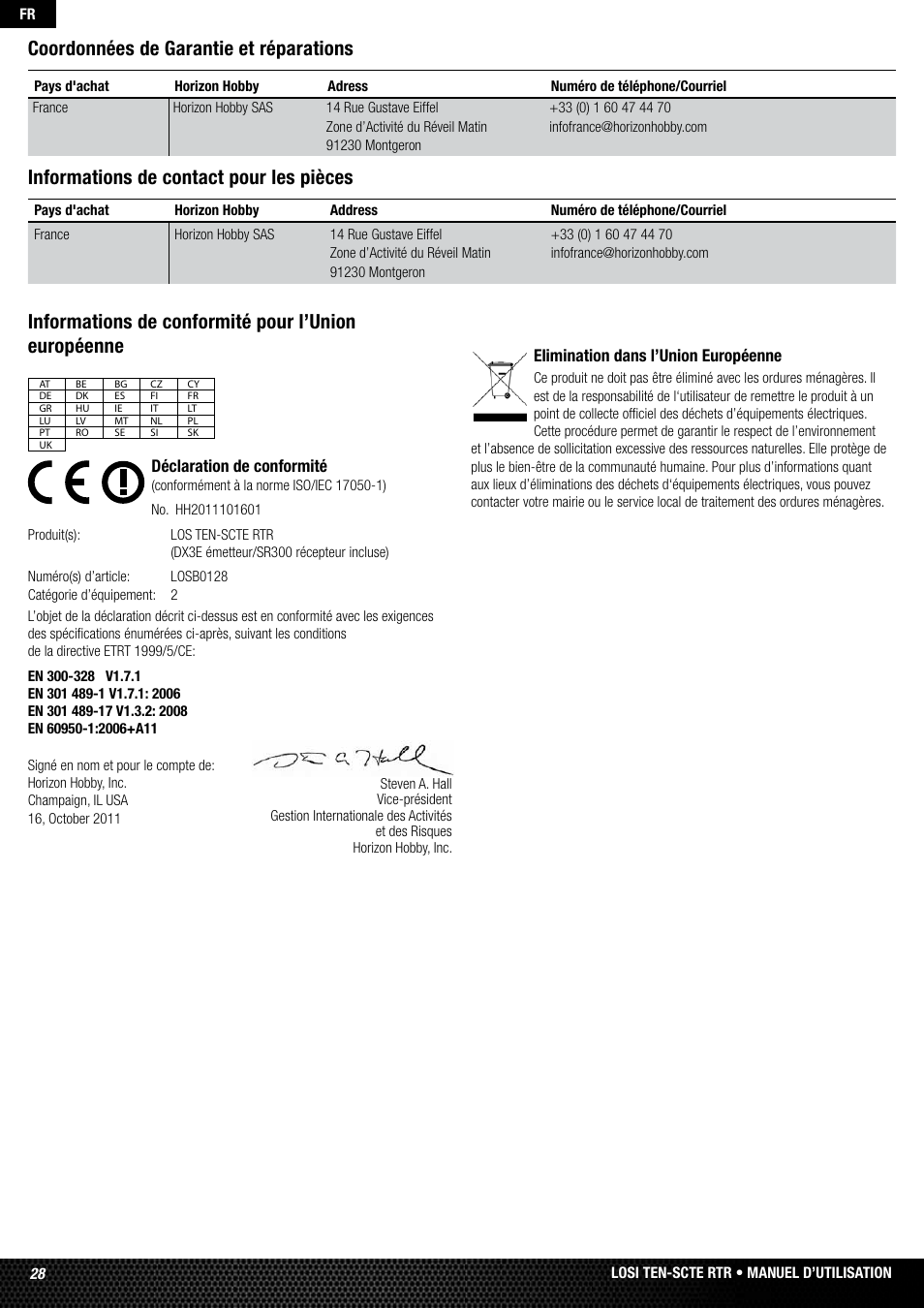 Informations de conformité pour l’union européenne, Coordonnées de garantie et réparations, Informations de contact pour les pièces | Losi LOSB0128 User Manual | Page 28 / 52